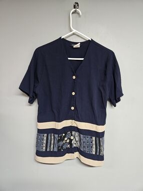 Women's Small Navy Blue Vintage Blouse Short Sleeve Button-down